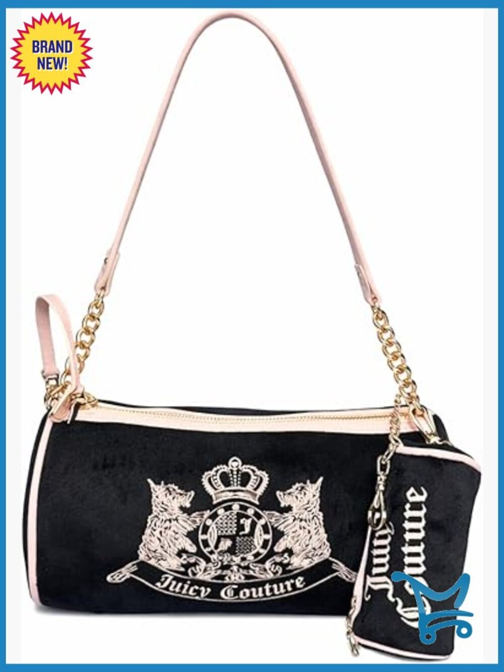 Velour Barrel Satchel with Mini Pouch, Gold Chain Strap, 9.75x4.5 Inch